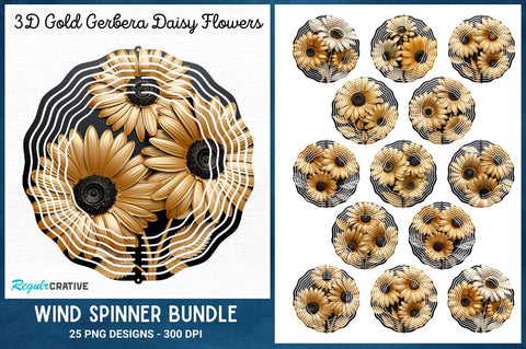 3D Gold Gerbera Daisy Flowers Wind Spinner Bundle Sublimation Regulrcrative 