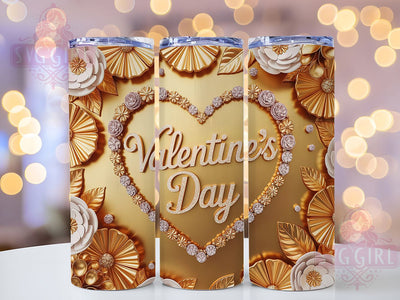3D Gold Heart Valentine Tumbler, 3D Style, Valentine Theme, Romantic Pattern, Elegant Design, Luxury Look, Festive Wrap, 20Oz Tumbler, Sublimation Sublimation SvggirlplusArt 