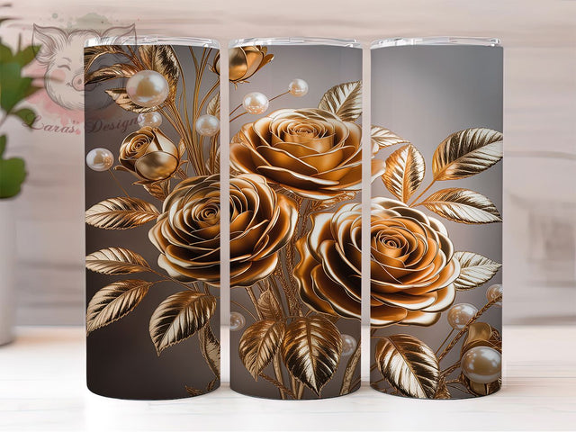 3D Gold Metallic Rose Tumbler, Metallic Floral Wrap, 20Oz Skinny Tumbler, Elegant Rose Sublimation, Luxury Flower Design, Golden Bloom Tumbler, Glamorous Floral Wrap Sublimation Lara' s Designs 