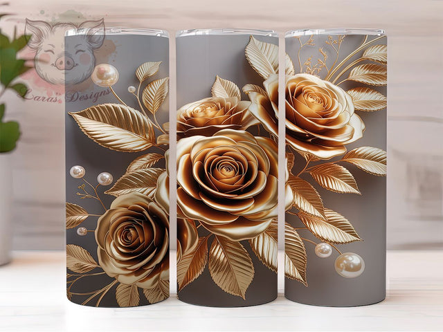 3D Gold Metallic Rose Tumbler, Metallic Floral Wrap, 20Oz Skinny Tumbler, Elegant Rose Sublimation, Luxury Flower Design, Golden Bloom Tumbler, Glamorous Floral Wrap Sublimation Lara' s Designs 