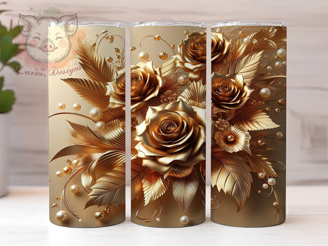 3D Gold Metallic Rose Tumbler, Metallic Floral Wrap, 20Oz Skinny Tumbler, Elegant Rose Sublimation, Luxury Flower Design, Golden Bloom Tumbler, Glamorous Floral Wrap Sublimation Lara' s Designs 