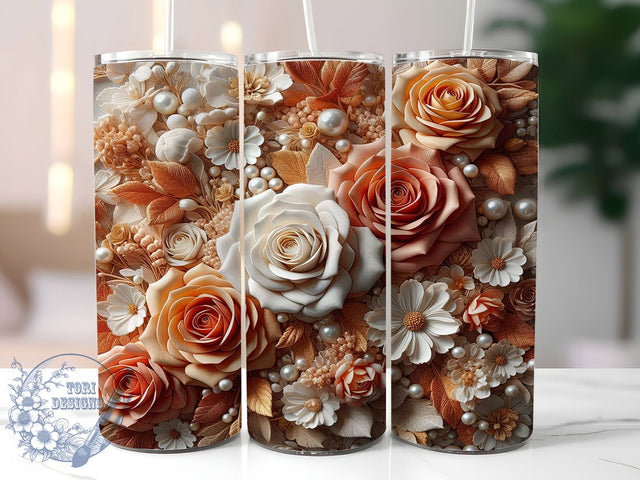 3D Gold Orange White Rose Tumbler, Orange White Rose Tumbler, Elegant Floral Wrap, Gold Detail Wrap, Whimsical Rose Wrap, Sublimation Design, Trendy Gift Idea Sublimation ToriDesigns 