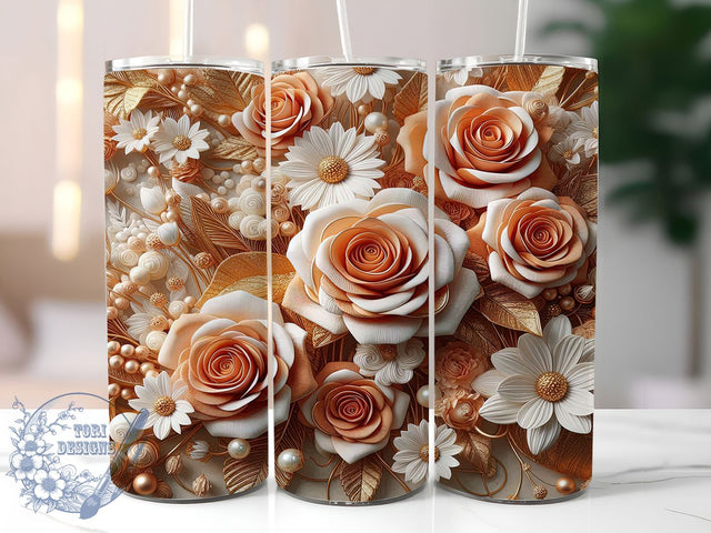 3D Gold Orange White Rose Tumbler, Orange White Rose Tumbler, Elegant Floral Wrap, Gold Detail Wrap, Whimsical Rose Wrap, Sublimation Design, Trendy Gift Idea Sublimation ToriDesigns 