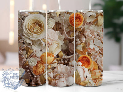 3D Gold Orange White Rose Tumbler, Orange White Rose Tumbler, Elegant Floral Wrap, Gold Detail Wrap, Whimsical Rose Wrap, Sublimation Design, Trendy Gift Idea Sublimation ToriDesigns 