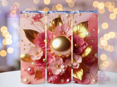 3D Gold Pearl Flower Tumbler Wrap, 20oz Skinny Tumbler Sublimation Design, Instant Download, Metallic Floral Pearls Tumbler PNG Design Sublimation SvggirlplusArt 