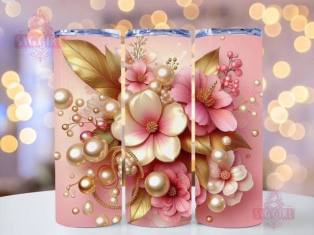 3D Gold Pearl Flower Tumbler Wrap, 20oz Skinny Tumbler Sublimation Design, Instant Download, Metallic Floral Pearls Tumbler PNG Design Sublimation SvggirlplusArt 