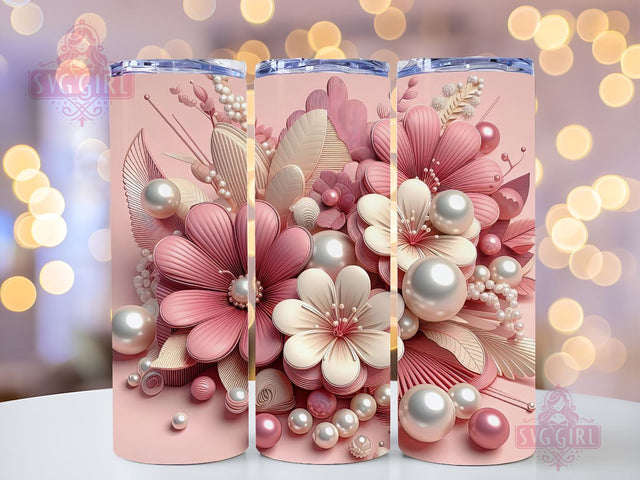 3D Gold Pearl Flower Tumbler Wrap, 20oz Skinny Tumbler Sublimation Design, Instant Download, Metallic Floral Pearls Tumbler PNG Design Sublimation SvggirlplusArt 