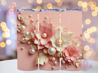 3D Gold Pearl Flower Tumbler Wrap, 20oz Skinny Tumbler Sublimation Design, Instant Download, Metallic Floral Pearls Tumbler PNG Design Sublimation SvggirlplusArt 