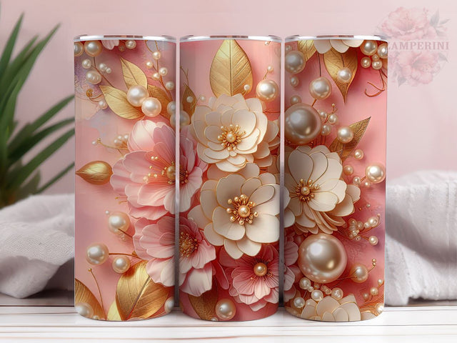 3D Gold Pearl Flower Tumbler Wrap, Metallic Floral Pearls Tumbler, Instant Digital Download PNG, Straight & Tapered Tumbler Wrap PNG Sublimation Li Zamperini 