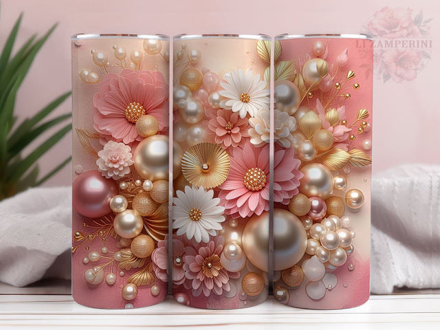 3D Gold Pearl Flower Tumbler Wrap, Metallic Floral Pearls Tumbler, Instant Digital Download PNG, Straight & Tapered Tumbler Wrap PNG Sublimation Li Zamperini 