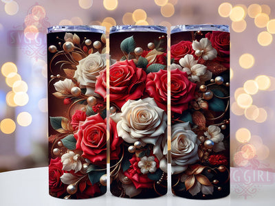 3D Gold Red Rose Tumbler, White & Red Roses Theme, Gold Accent Wrap, Elegant Bloom Design, Romantic Chic Style, Seamless Artistic Print, Luxurious Botanical Motif, 20Oz Tumbler, Sublimation Sublimation SvggirlplusArt 