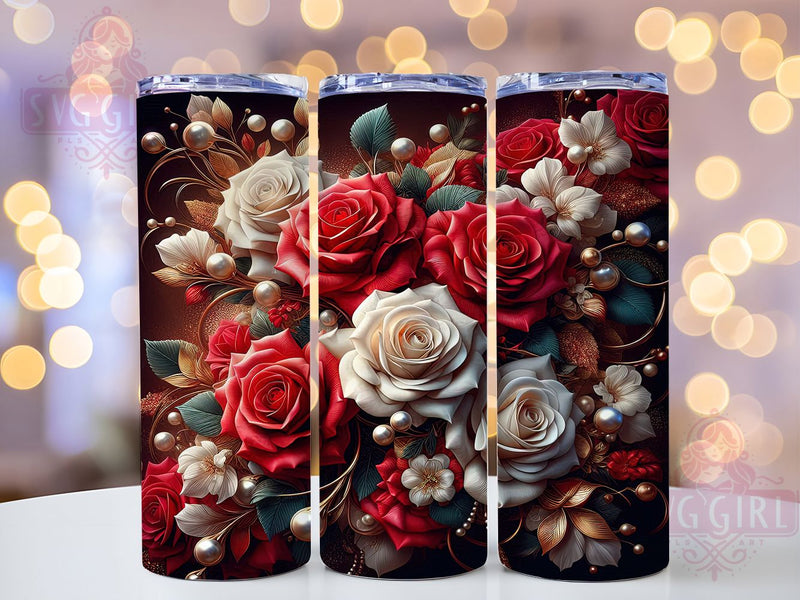 3D Gold Red Rose Tumbler, White & Red Roses Theme, Gold Accent Wrap, Elegant Bloom Design, Romantic Chic Style, Seamless Artistic Print, Luxurious Botanical Motif, 20Oz Tumbler, Sublimation Sublimation SvggirlplusArt 