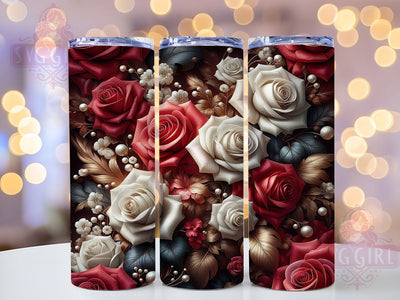 3D Gold Red Rose Tumbler, White & Red Roses Theme, Gold Accent Wrap, Elegant Bloom Design, Romantic Chic Style, Seamless Artistic Print, Luxurious Botanical Motif, 20Oz Tumbler, Sublimation Sublimation SvggirlplusArt 