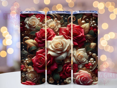 3D Gold Red Rose Tumbler, White & Red Roses Theme, Gold Accent Wrap, Elegant Bloom Design, Romantic Chic Style, Seamless Artistic Print, Luxurious Botanical Motif, 20Oz Tumbler, Sublimation Sublimation SvggirlplusArt 