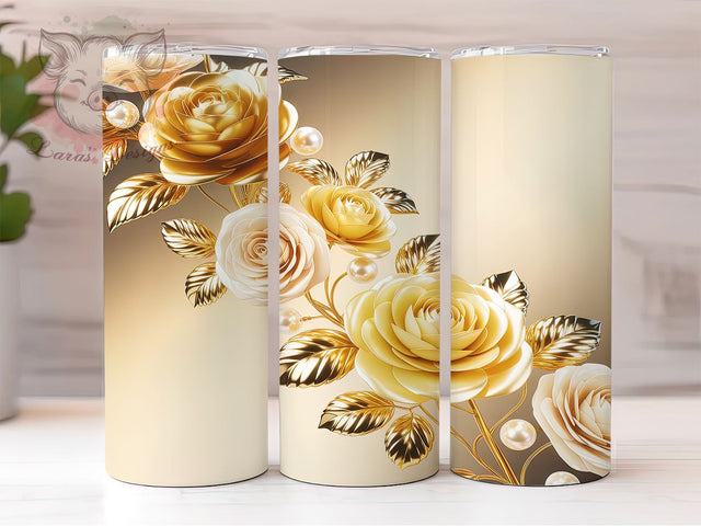 3D Gold Rose Floral Tumbler, 3D Floral, Metallic Rose, Elegant Tumbler, Gold Flower Design, Luxury Sublimation, 3D Rose Wrap Sublimation Lara' s Designs 