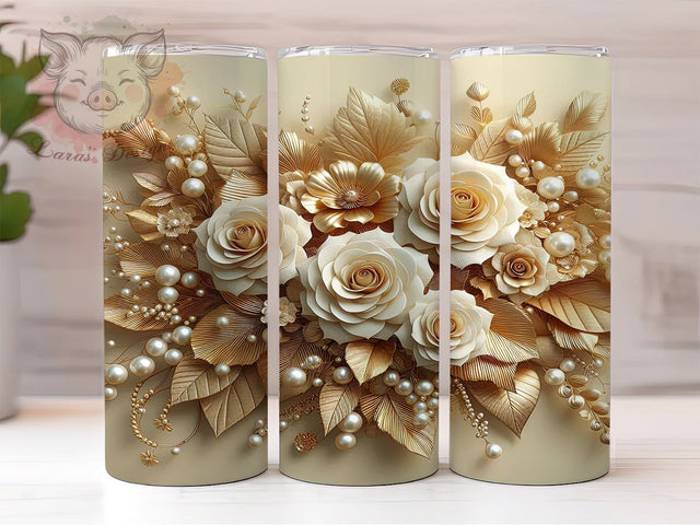 3D Gold Rose Floral Tumbler, 3D Floral, Metallic Rose, Elegant Tumbler, Gold Flower Design, Luxury Sublimation, 3D Rose Wrap Sublimation Lara' s Designs 