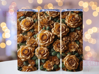 3D Gold Rose Floral Tumbler, Gold Floral Design, Elegant Tumbler Wrap, Sublimation Design, 20oz Tumbler, Luxury Artwork, Botanical Gold Sublimation SvggirlplusArt 