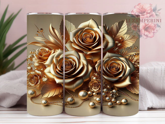 3D Gold Roses 20oz Luxurious Floral Tumbler Wrap, Elegant Rose Sublimation, Luxurious Flower 20oz Wrap, Seamless Gold Roses Design, Metallic Floral Tumbler Sublimation Li Zamperini 