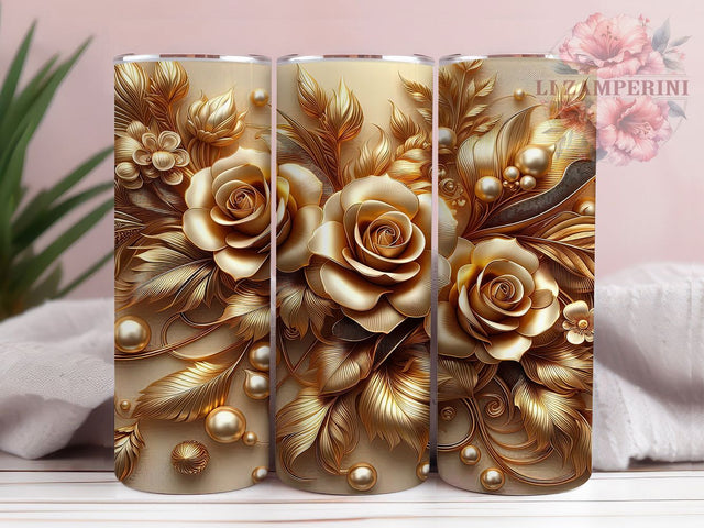 3D Gold Roses 20oz Luxurious Floral Tumbler Wrap, Elegant Rose Sublimation, Luxurious Flower 20oz Wrap, Seamless Gold Roses Design, Metallic Floral Tumbler Sublimation Li Zamperini 