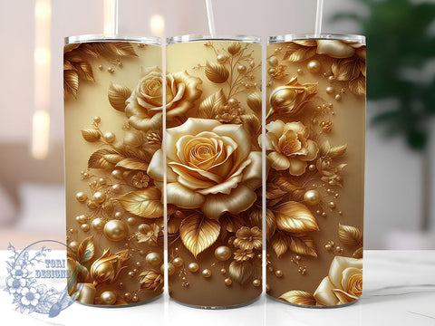 3D Gold Roses Tumbler, Botanical Tumbler Wrap, 20oz Sublimation Design, Floral Tumbler Art, Pearl Gold Flowers Tumbler, Digital Download, Elegant Drinkware Design, Unique Gift Tumbler Sublimation ToriDesigns 