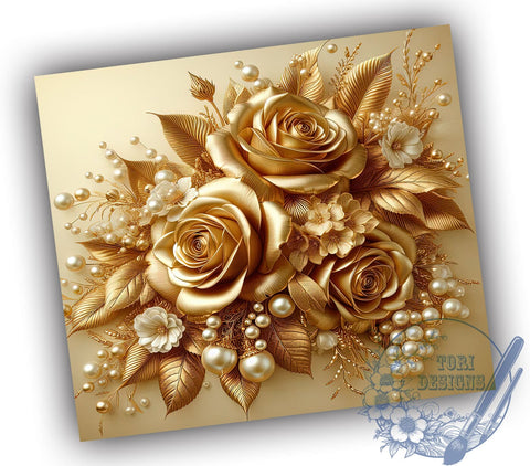 3D Gold Roses Tumbler, Botanical Tumbler Wrap, 20oz Sublimation Design, Floral Tumbler Art, Pearl Gold Flowers Tumbler, Digital Download, Elegant Drinkware Design, Unique Gift Tumbler Sublimation ToriDesigns 