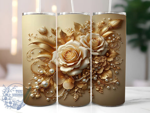 3D Gold Roses Tumbler, Botanical Tumbler Wrap, 20oz Sublimation Design, Floral Tumbler Art, Pearl Gold Flowers Tumbler, Digital Download, Elegant Drinkware Design, Unique Gift Tumbler Sublimation ToriDesigns 