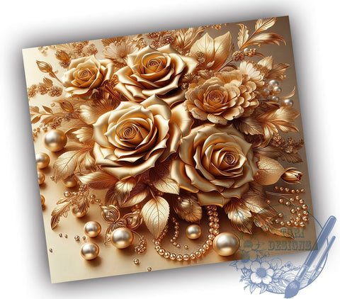 3D Gold Roses Tumbler, Botanical Tumbler Wrap, 20oz Sublimation Design, Floral Tumbler Art, Pearl Gold Flowers Tumbler, Digital Download, Elegant Drinkware Design, Unique Gift Tumbler Sublimation ToriDesigns 