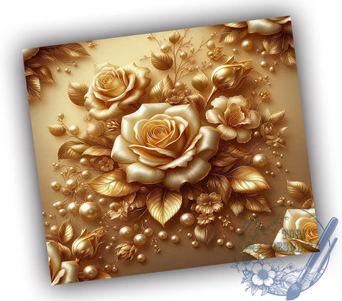 3D Gold Roses Tumbler, Botanical Tumbler Wrap, 20oz Sublimation Design, Floral Tumbler Art, Pearl Gold Flowers Tumbler, Digital Download, Elegant Drinkware Design, Unique Gift Tumbler Sublimation ToriDesigns 