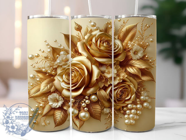 3D Gold Roses Tumbler, Botanical Tumbler Wrap, 20oz Sublimation Design, Floral Tumbler Art, Pearl Gold Flowers Tumbler, Digital Download, Elegant Drinkware Design, Unique Gift Tumbler Sublimation ToriDesigns 