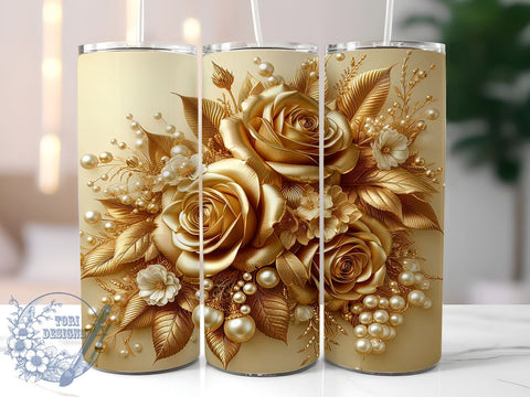 3D Gold Roses Tumbler, Botanical Tumbler Wrap, 20oz Sublimation Design, Floral Tumbler Art, Pearl Gold Flowers Tumbler, Digital Download, Elegant Drinkware Design, Unique Gift Tumbler Sublimation ToriDesigns 