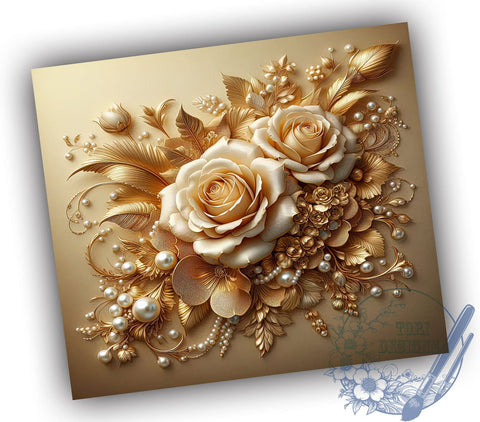 3D Gold Roses Tumbler, Botanical Tumbler Wrap, 20oz Sublimation Design, Floral Tumbler Art, Pearl Gold Flowers Tumbler, Digital Download, Elegant Drinkware Design, Unique Gift Tumbler Sublimation ToriDesigns 