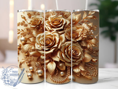 3D Gold Roses Tumbler, Botanical Tumbler Wrap, 20oz Sublimation Design, Floral Tumbler Art, Pearl Gold Flowers Tumbler, Digital Download, Elegant Drinkware Design, Unique Gift Tumbler Sublimation ToriDesigns 