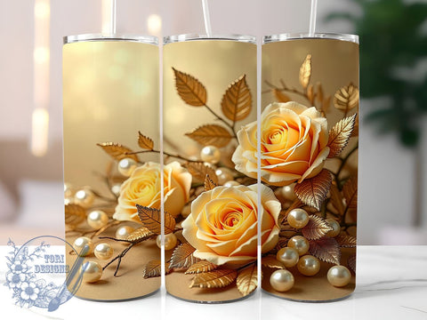 3D Gold Roses Tumbler, Botanical Tumbler Wrap, 20oz Sublimation Design, Floral Tumbler Art, Pearl Gold Flowers Tumbler, Digital Download, Elegant Drinkware Design, Unique Gift Tumbler Sublimation ToriDesigns 