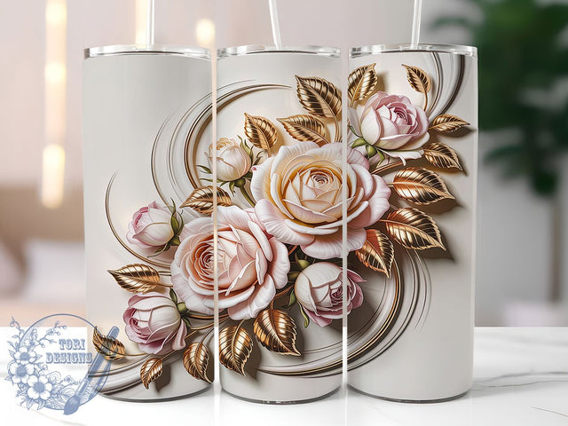 3D Gold White Rose Tumbler, 3D White Roses, Gold Rose Design, Elegant Floral Art, Luxury Flower Graphic, Stylish Rose Pattern, 20oz Tumbler, Sublimation Design Sublimation ToriDesigns 