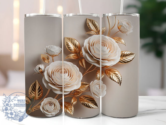 3D Gold White Rose Tumbler, 3D White Roses, Gold Rose Design, Elegant Floral Art, Luxury Flower Graphic, Stylish Rose Pattern, 20oz Tumbler, Sublimation Design Sublimation ToriDesigns 