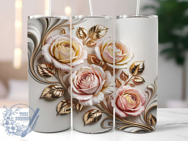 3D Gold White Rose Tumbler, 3D White Roses, Gold Rose Design, Elegant Floral Art, Luxury Flower Graphic, Stylish Rose Pattern, 20oz Tumbler, Sublimation Design Sublimation ToriDesigns 