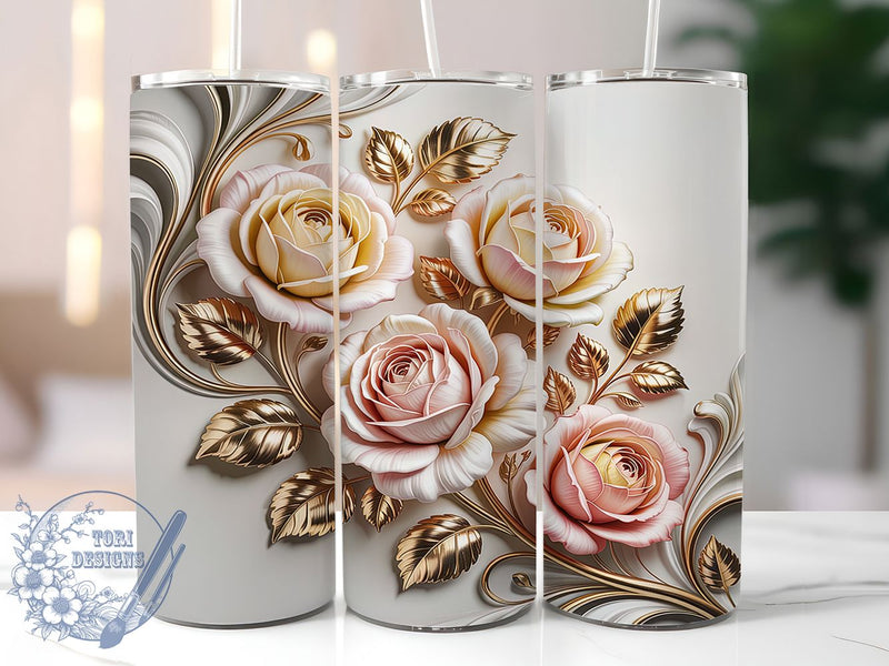 3D Gold White Rose Tumbler, 3D White Roses, Gold Rose Design, Elegant Floral Art, Luxury Flower Graphic, Stylish Rose Pattern, 20oz Tumbler, Sublimation Design Sublimation ToriDesigns 