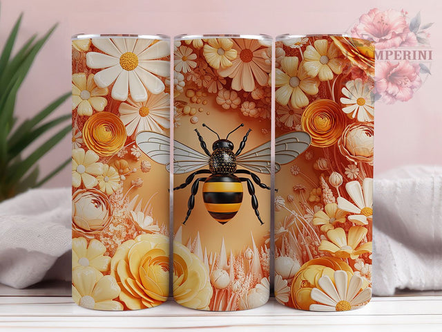 3D Golden Floral Bee Tumbler, Floral Bee Tumbler, Elegant Bee Wrap, Vibrant Flower Wrap, Rustic Honey Bee Wrap, Sublimation Design, Trendy Gift Idea Sublimation Li Zamperini 