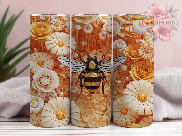 3D Golden Floral Bee Tumbler, Floral Bee Tumbler, Elegant Bee Wrap, Vibrant Flower Wrap, Rustic Honey Bee Wrap, Sublimation Design, Trendy Gift Idea Sublimation Li Zamperini 