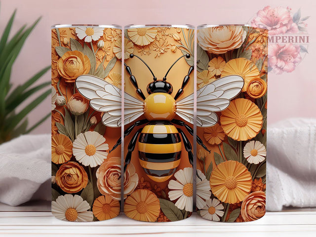 3D Golden Floral Bee Tumbler, Floral Bee Tumbler, Elegant Bee Wrap, Vibrant Flower Wrap, Rustic Honey Bee Wrap, Sublimation Design, Trendy Gift Idea Sublimation Li Zamperini 