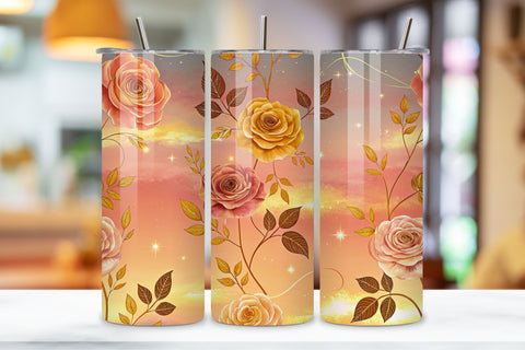 3D Golden Hour Rose Seamless Tumbler Wrap, Glowing Gold and Peach Roses, seamless tumbler wrap, golden rose design, glowing floral wrap, gold peach roses, watercolor golden design, 20oz skinny tumbler, tapered tumbler wrap, straight tumbler design Sublimation FloridPrintables 