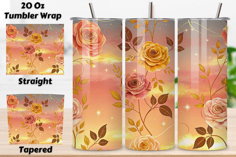 3D Golden Hour Rose Seamless Tumbler Wrap, Glowing Gold and Peach Roses, seamless tumbler wrap, golden rose design, glowing floral wrap, gold peach roses, watercolor golden design, 20oz skinny tumbler, tapered tumbler wrap, straight tumbler design Sublimation FloridPrintables 