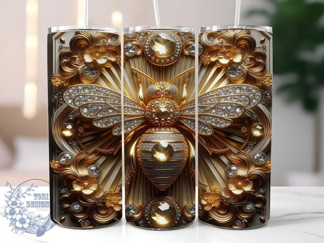 3D Golden Luxury Bee Tumbler, Luxury Floral Tumbler, 3D Bee Wrap, Elegant Floral Wrap, Sparkle Bee Wrap, Sublimation Design, Trendy Gift Idea Sublimation ToriDesigns 