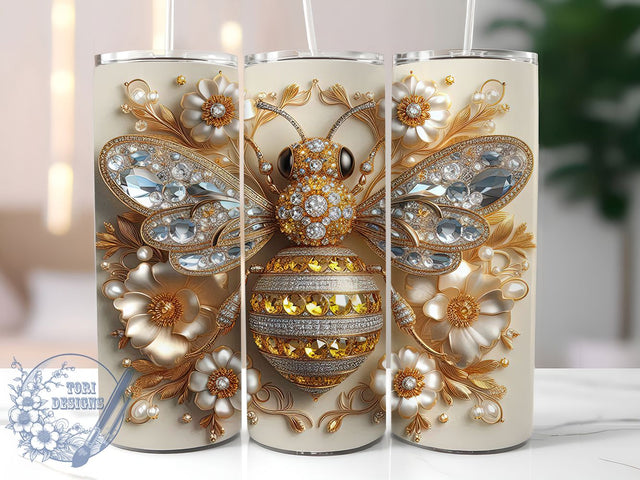 3D Golden Luxury Bee Tumbler, Luxury Floral Tumbler, 3D Bee Wrap, Elegant Floral Wrap, Sparkle Bee Wrap, Sublimation Design, Trendy Gift Idea Sublimation ToriDesigns 