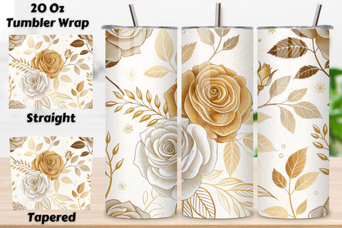 3D Golden Rose Seamless Tumbler Wrap, Metallic Gold and Ivory Roses, seamless tumbler wrap, golden rose design, metallic floral wrap, gold ivory roses, watercolor rose design, 20oz skinny tumbler, tapered tumbler wrap, straight tumbler design Sublimation FloridPrintables 