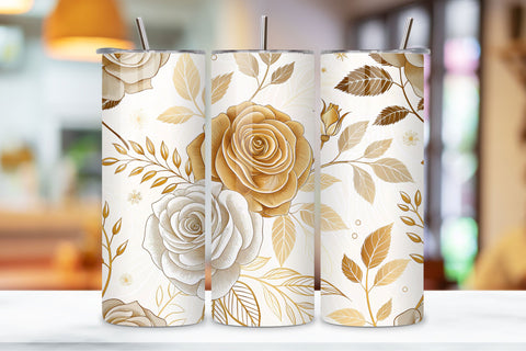 3D Golden Rose Seamless Tumbler Wrap, Metallic Gold and Ivory Roses, seamless tumbler wrap, golden rose design, metallic floral wrap, gold ivory roses, watercolor rose design, 20oz skinny tumbler, tapered tumbler wrap, straight tumbler design Sublimation FloridPrintables 