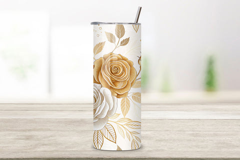 3D Golden Rose Seamless Tumbler Wrap, Metallic Gold and Ivory Roses, seamless tumbler wrap, golden rose design, metallic floral wrap, gold ivory roses, watercolor rose design, 20oz skinny tumbler, tapered tumbler wrap, straight tumbler design Sublimation FloridPrintables 