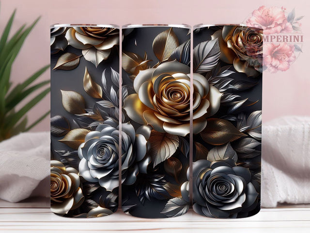 3D Golden Silver Roses Tumbler, Golden Silver Floral, Elegant Wrap, Sublimation Art, 20oz Tumbler, Luxury Theme, Stylish Design Sublimation Li Zamperini 