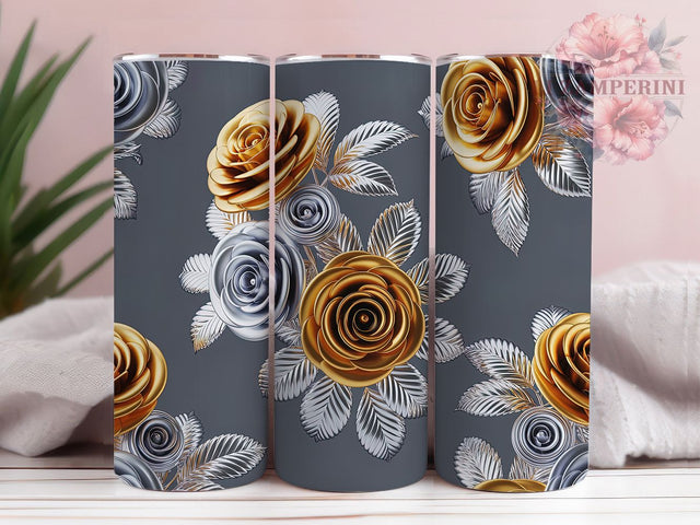 3D Golden Silver Roses Tumbler, Golden Silver Floral, Elegant Wrap, Sublimation Art, 20oz Tumbler, Luxury Theme, Stylish Design Sublimation Li Zamperini 