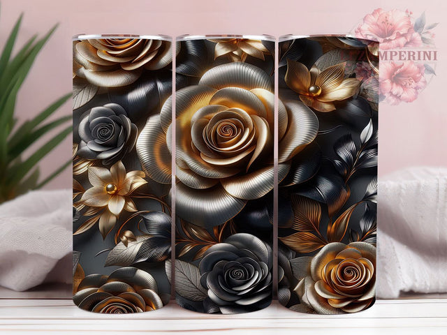 3D Golden Silver Roses Tumbler, Golden Silver Floral, Elegant Wrap, Sublimation Art, 20oz Tumbler, Luxury Theme, Stylish Design Sublimation Li Zamperini 